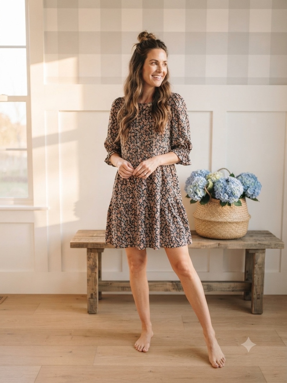 NATURAL LIFE Brown Floral Smocked Yoke Mini Dress Large / XL
